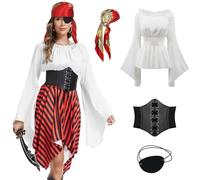 TSIRNK 4 Pieces Pirate Costume Adult Women-Medieval Viking Costume Women Off Shoulder Tops with Pirate Accessories-for Halloween Carnival (White, L)