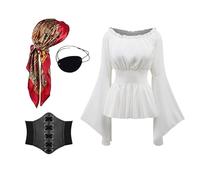 TSIRNK 4 Pieces Pirate Costume Adult Women-Medieval Viking Costume Women Off Shoulder Tops with Pirate Accessories-for Halloween Carnival (White, S)
