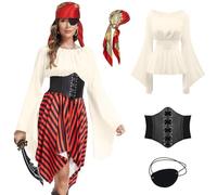 TSIRNK 4 Pieces Pirate Costume Adult Women-Medieval Viking Costume Women Off Shoulder Tops with Pirate Accessories-for Halloween Carnival (Beige, 2XL)