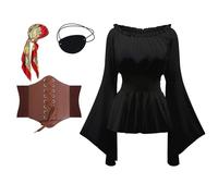 TSIRNK 4 Pieces Pirate Costume Adult Women-Medieval Viking Costume Women Off Shoulder Tops with Pirate Accessories-for Halloween Carnival (Black, S)