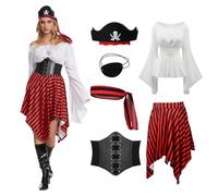 TSIRNK Pirate Costume Adult Women, 6 Pieces Medieval Viking Costume Women with Off Shoulder Tops -Gothic Skirt-Pirate Accessories-for Halloween Carnival (White, M)
