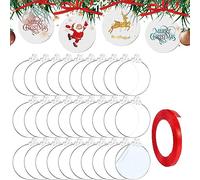 TSKDKIT 30 Pcs Christmas Bauble Clear Acrylic Disc Ornaments Round Christmas Ornaments with Ribbon, Flat Baubles for Craft, Clear Blank Acrylic Xmas Disc for Tree Party Hanging Decoration (7.6cm)