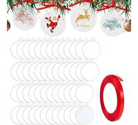 TSKDKIT 50 Pcs Christmas Bauble Clear Acrylic Disc Ornaments Round Christmas Ornaments with Ribbon, Flat Baubles for Craft, Clear Blank Acrylic Xmas Disc for Tree Party Hanging Decoration (7.6cm)