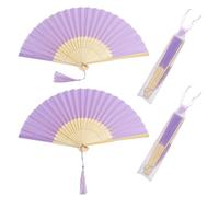 TSKDKIT Hand Fan Folding 2pcs Handheld Folding Fabric Fans for Women Men, Purple Manual Fan Bamboo Silk Fabric Fans, Hand Held Chinese Fan with Tassel, for Wedding Party and Home Decoration