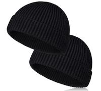 TSKNOMO 2 PCS Wool Short Fisherman Beanie for Men, Soft Knit Cuff Trawler Beanie Caps Winter Warm Hats for Women