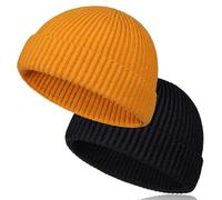 TSKNOMO 2 PCS Wool Short Fisherman Beanie for Men, Soft Knit Cuff Trawler Beanie Caps Winter Warm Hats for Women