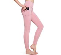 TSLA High Waist Yoga Pants Trousers, Tummy Control Leggings, Non See-Through 4 Way Stretch Workout Running Tights, Pocket Trousers Pink Beige, XL