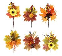 TSLBW 6 Pcs Artificial Maple Leaves Berry Branches Decorations Fall Picks with Pumpkin Sunflower Pine Cones for Thanksgiving Harvest Festival Indoor Outdoor Home Ornaments Autumn Decoration (Style A)