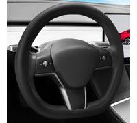 TSLDRV Nappa Leather Steering Wheel Cover for Tesla Model Y Juniper accessories 2025/Model 3 Highland accessories 2024 2025 Non-Slip Breathable Steering Wheel Protector Matte Black