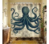 TSLOVER Vintage Pirate Octopus Shower Curtain,Steampunk Nautical and World Map Curtains for Bathroom,Funny Waterproof Polyester Ocean Theme Bathroom Decor,72x72 Inch