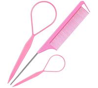 TsMADDTs Hair Tail Tools, 3Pack Hair Loop Tool Set with 2Pcs French Braid Tool Loop 1Pcs Rat Tail Comb Metal Pin Tail Braiding Comb for Hair Styling, Pink