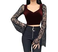 TSMNZMU Womens Gothic Velvet Crop Tops Emo Alt Mall Goth Shirt Punk Harajuku Grunge T Shirt V Neck Lace Long Sleeve Shirt, Red Gothic, S