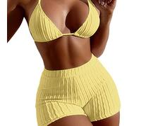 TSMORY Bikinis for Teen Girls Bathing Suits Padded Push Up Womens Swimsuits Two Piece Athletic Boy Shorts Sporty Swimsuits Ribbed Sets for Women High Cut High Ribbed Set with Skirt