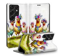 TSNJTBDL Case for Galaxy S26 Ultra Wallet Case with Card Holder, RFID Blocking Full Coverage PU Leather Shockproof Cover, Phone Case for Samsung Galaxy S26 Ultra 6.9" - Flower - Wearing Chickens