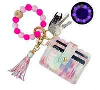 TSNSOEEO Keychain Wallet Wristlet Small Credit Card Holder Bracelet Key Chain Purse Bangle Tassel Beads Key Rings for Women, 01-pink Noctilucent, 3.94"