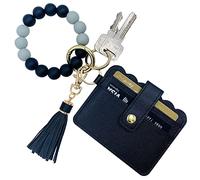 TSNSOEEO Wristlet Keychain Bracelet Wallet, Key Ring Silicone Bead Bangle, Tassel Card Pocket Key Chains for Woman, 01-Black, 3.94"