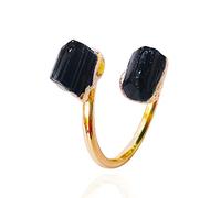 Tsophreniq Plated Resizable Irregular Shape Natural Black Crystal Stone for Party Wedding Jewelry Black Gold for Women Men Rough Stone Rings for Women Open Rings