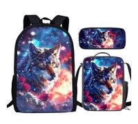 TSOVTHRID 3 In 1 Wolf Blue Purple Galaxy Star Boys Girls Student Backpack Sets for Kids Storage Bag Insulated Lunch Bag Pencil Case for School