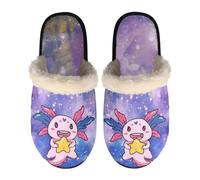 TSOVTHRID Axolotl House Slippers for Women Non Slip Starry Sky Indoor Slippers for Bedroom Warm Plush Flat Shoes Purple Slip On Slipper Shoes Size S