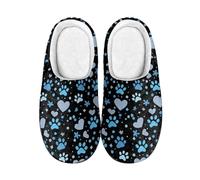 TSOVTHRID Blue Paw Print Slippers for Women Size 9-10 Fuzzy Funny Black Non Slip Womens Furry Memory Foam House Slippers Closed Toe Cotton Slipper Bedroom