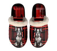 TSOVTHRID Boston Terrier Womens House Shoes Slippers Size XS Red Black Plaid Indoor Slipper Closed Toe Winter Shoes Comfortable Fleece Slippers