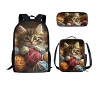 TSOVTHRID Cat Backpack for Girls 3 in 1 with Knitting Wool Ball Bookbag for Girls Middle School Cute School Bag for Girls 10-12 Book Bag and Lunch Box Set for Girls for Back to School Travel
