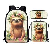 TSOVTHRID Cute Sloth Floral Print Kids Backpack Set 3 In 1, Including 17 Inch Laptop Bookbag + Lunch Bag + Pencil Case for Middle School