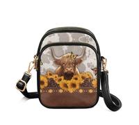 TSOVTHRID Highland Cow Crossbody Sling Bags for Women Small Sunflower Cell Phone Bags Three Layer Satchel Bag with Zipper Closure Portable Leather Shoulder Purse