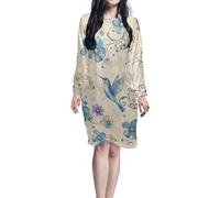 TSOVTHRID Hummingbird Nightgowns for Women Blue Flower Sleepshirts Vintage Style Night Dress Long Sleeve Loungewear Soft Night Gown with Pockets Fall Winter Clothes, Size S