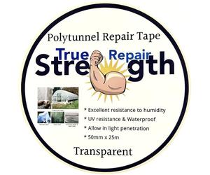 TSR True strength repair waterproof polytunnel repair tape clear polythene super strong flexible long lasting seal for greenhouse polytunnel pond liner inflatable tent repair 50mm x 25m