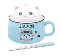 Tsreinh Ramen Bowl Set with Chopsticks, Cute Cat Instant Ramen Noodle Bowls with Lid, 34.5 OZ Extra Large Ceramic Soup Bowls with Handle, Japanese Ramen Cooker, Microwave safe (Blue)