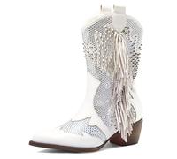 Tsrenlmln Ankle Boots for Women Pointed Toe Rhinestone Boots Chunky Heel Rivet Western Cowboy Boots With Tassel Womens Cowgirl Booties Slip-On Short Boots, White, 6.5 UK