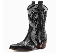 Tsrenlmln Ankle Boots for Women Pointed Toe Rhinestone Boots Chunky Heel Rivet Western Cowboy Boots With Tassel Womens Cowgirl Booties Slip-On Short Boots, Black, 8 UK