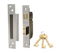 TSS British Standard Mortice Sash Lock Satin Chrome (Silver) 2.5" with 3 Keys and Fixings,Insurance Approved for External Doors, British Standard BS3621:2007