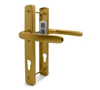 TSS Gold UPVC Door Handle Pair Set, 92mm PZ (Centres), Sprung, Lever Lever, 215mm Top to Bottom Screw (Screw Centres), 3X Fixing Points, Backplate 260mm x 35mm - Replacement PVC Door Handle