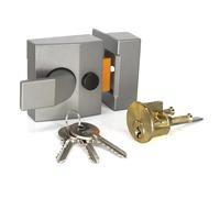 TSS Modern Deadlocking Nightlatch, 40mm Backset, Complete with Rim Cylinder Lock Supplied with 3 Keys. External Door Lock for Front Door and Back Door. (Grey Lock/Brass Cylinder)