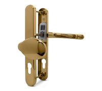 TSS Polished Brass UPVC Door Handle Pair Set with Offset Lever and Pad, 92/62mm PZ Centres (Internal = 92mm / External 62mm), Sprung, 212mm Screw to Screw, Backplate 245mm x 34mm, Brass