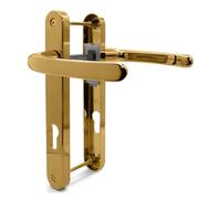 TSS Polished Brass UPVC Door Handle Pair, Sprung, 92mm PZ (Centres), Lever Lever, 203mm Screw to Screw, Backplate 232mm x 32mm - Replacement PVC Door Handle