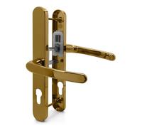 TSS UPVC Door Handle Pair Set with Offset Levers, 92/62mm PZ Centres (Internal = 92mm / External 62mm), Sprung, 200mm Screw to Screw, Backplate 250mm x 34mm (Polished Brass)