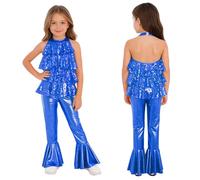TSSOE Kids Disco Jumpsuit Dance Halloween Cosplay Performance Apparel Jazz Halter Costume Flare Backless Ruffles Royal Blue 13-14 Years