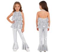 TSSOE Kids Disco Jumpsuit Dance Halloween Cosplay Performance Apparel Jazz Halter Costume Flare Backless Ruffles Silver 15-16 Years