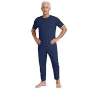 TSSOE Men Short Sleeve Anti-Strip Adaptive Jumpsuit Nightwear for Dementia Elderly and Special Needs Dark Blue L
