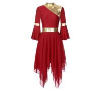 TSSOE Women 3/4 FlaredSleeve Asymmetrical Midi Dance Dress Lyrical Liturgical Praise Top Overlay Tunic Burgundy XL