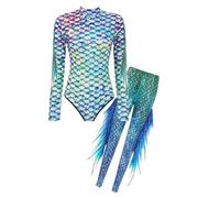TSSOE Women's Mermaid Cosplay Costume Set Long Sleeve Swimsuit Bodysuit Pants Bathing Suit Beachwear Colorful L