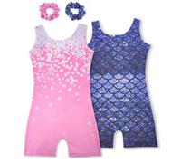 Tstiti Gymnastics Leotards for Girls 2 Pack Sparkly Kids Biketards Dance Unitards Matching Hair Scrunchies Heart Mermaids 4-5 T