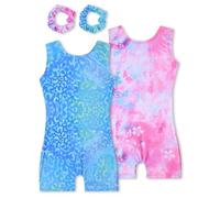 Tstiti Gymnastics Leotards for Girls 2 Pack Sparkly Kids Biketards Dance Unitards Matching Hair Scrunchies Fantasy Unicorn Blue Dinosaur 11-12 Years