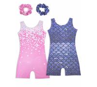 Tstiti Gymnastics Leotards for Girls 2 Pack Sparkly Kids Biketards Dance Unitards Matching Hair Scrunchies Heart Mermaids 1-2 T