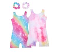 Tstiti Gymnastics Leotards for Girls 2 Pack Sparkly Kids Biketards Dance Unitards Matching Hair Scrunchies Nebula Fantasy 7-8 Years