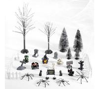 Tsudoku 30 pcs Halloween Village Set, Halloween Black Trees Mini Pumpkins Crows Coffin Fake Skeletons for Town Decorations Party Table Decor