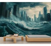 Tsunami Mural Wallpaper, City Wall Mural, Doomsday Scenario Wallpaper for Farmhouse Living Room Bedroom Sofa TV Background Decor - 350x256cm